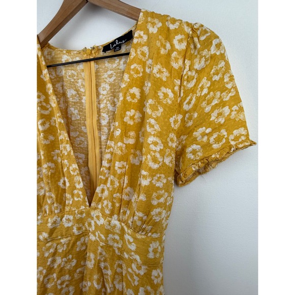 Lulus Mustard Yellow Floral Print Mini Dress Short‎ Sleeve Deep V Neck - Picture 2 of 10